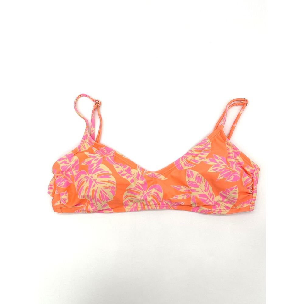 Ninety-Nine Bikini Top Women Medium Orange Pink Tropical Leaf Stretch Vacation